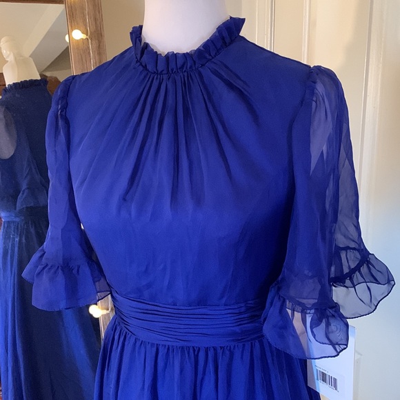 MAC DUGGALRuffled High Neck Flutter Sleeve High Low Hem Gown